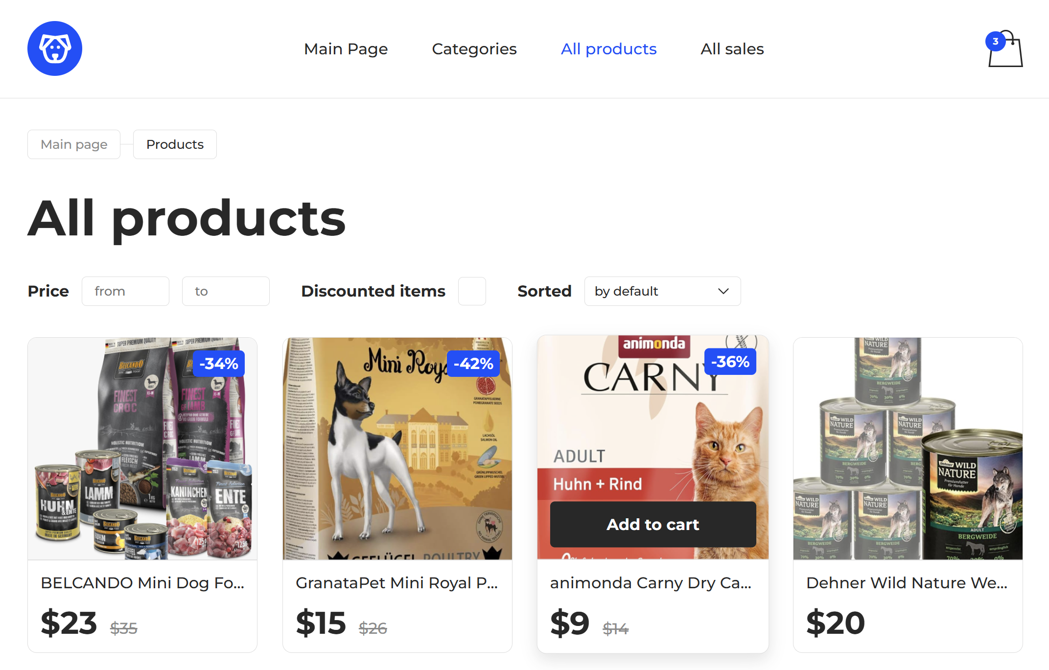 Online Pet Shop product catalog preview